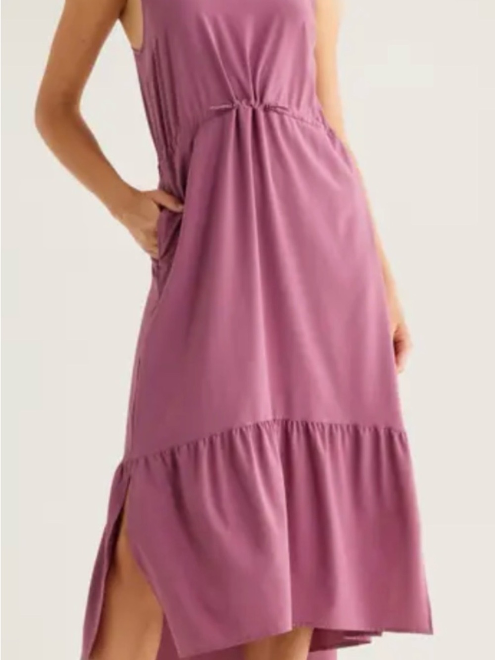 Zelle Sleeveless Mauve Tiered Midi Dress with Drawstring Waist